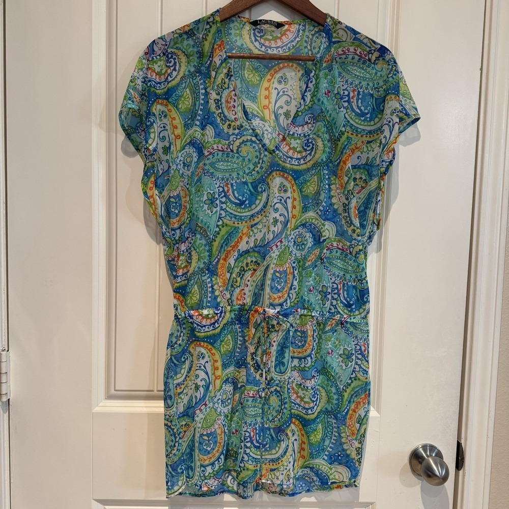 Lauren Ralph Lauren‎ Paisley Swim Cover Up Dress Blue Green Cinch Waist Resort S